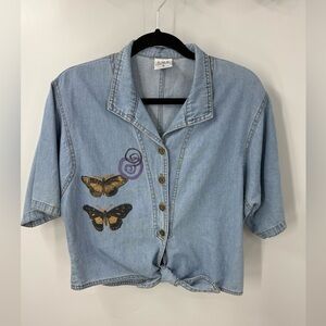 Color me cotton vintage cotton butterfly print button front waisttie shirt S